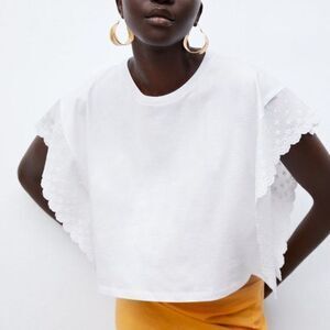 NEW ZARA EMBROIDERED TOP WHITE WOMENS SIZE S CREWNECK SHORT SLEEVE CROP‎